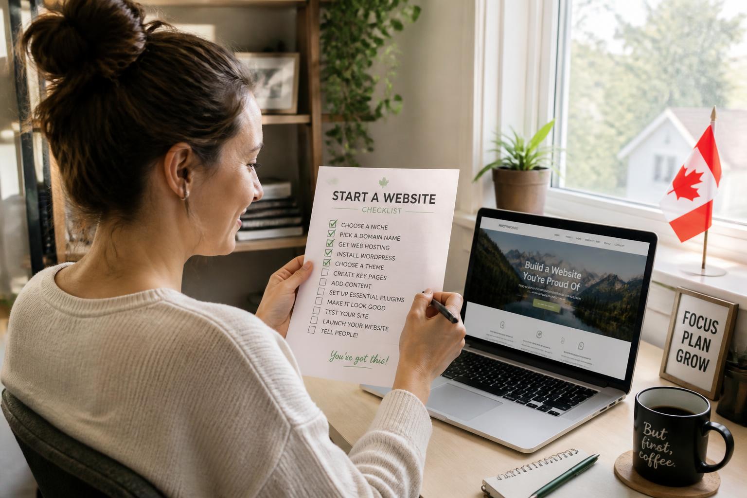 Canadian beginner checking off items on a printed Start-a-Website checklist next to a laptop